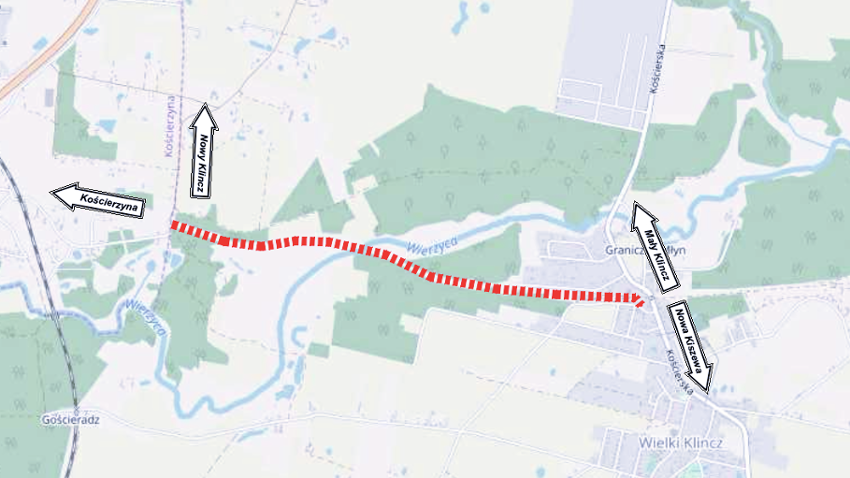 Budowa linii transportu rowerowego na odcinku Kościerzyna-Wielki Klincz w Gminie Kościerzyna - mapa